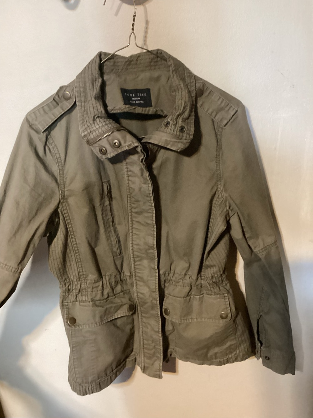 Love Tree Olive Green Utility Jacket with Drawstring Waist Lightweight Size M